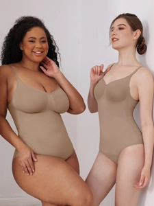 Deep V-neck seamless bodysuit for women in khaki shown on different body types
