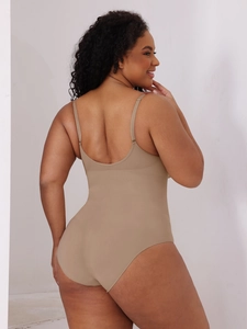 Macro detail of high-elastic seamless bodysuit featuring U-back design and thin straps