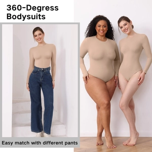 Detailed comparison of slim fit long sleeve bodysuit paired with wide leg jeans