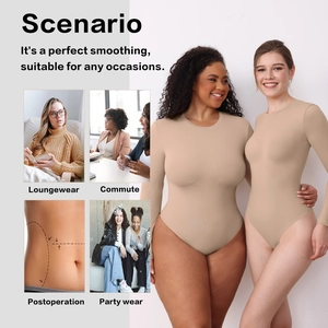 Detailed views of high-stretch long sleeve bodysuit for home, work, post-op, and parties