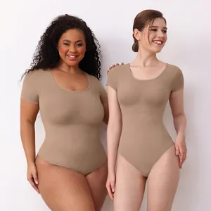 Short sleeve crew neck bodysuit shapewear for women showing compression effect for all sizes