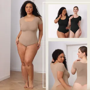 Detail of seamless compression bodysuit showing tummy control and hourglass waist shaping
