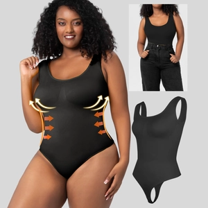 Detail of black seamless shapewear bodysuit featuring tummy control and open crotch design
