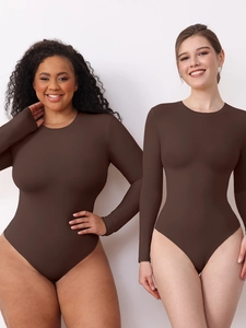 Slim fit long sleeve coffee brown bodysuit with crew neck for various body shapes