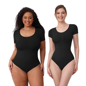 Black round neck short sleeve shapewear bodysuit shown on plus size and standard models