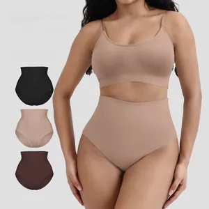 Detailed texture of seamless high-waist body shaping panties with ribbed knit fabric