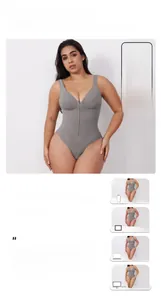 Detailansicht grauer nahtloser Shapewear-Body mit Reißverschluss und breiten Trägern