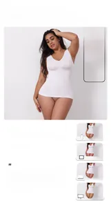 White seamless shapewear vest with V-neckline featuring model size and body measurement data