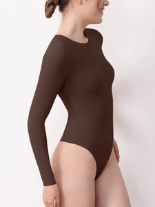 Close-up of deep brown slim fit long sleeve bodysuit with high elastic fabric and fine seams