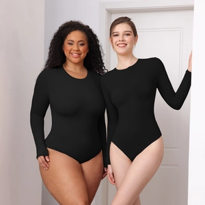 Elastic black long sleeve bodysuit shown on different body types for a perfect fit