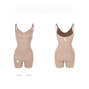 Front and back view of seamless bodysuit shapewear with V-neck and lifting effect
