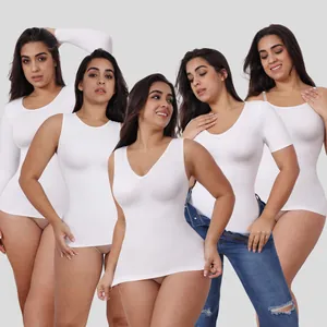 Collage of five white seamless shapewear styles including tanks, short sleeves, and long sleeves