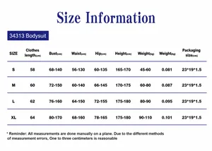 Detailed size chart for the women shapewear bodysuit with measurements from S to XL sizes