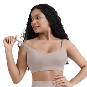 Seamless khaki sports set with thin straps crop top and high waist leggings for yoga