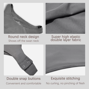 Detail view of grey shapewear bodysuit featuring 75% polyamide fabric and snap closures