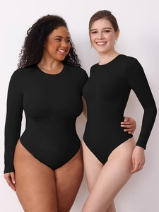 Black slim-fit long sleeve bodysuit with crew neck showing stretch and body inclusivity