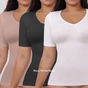 Women's plus size slimming short sleeve bodysuit in black, white, and beige colors
