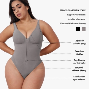 Nahtloser grauer Formbody mit Front-Reißverschluss und Trägern zur Bauchkontrolle