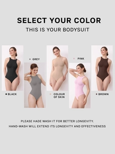 Detailed grid showing five color options of high neck slimming bodysuits for women
