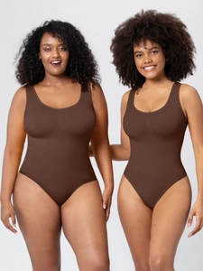 Brown sleeveless bodysuit with wide straps and high-cut leg showing on two body types