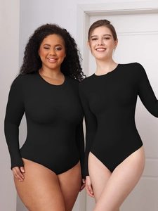 Slim fit long sleeve black bodysuit shown on standard and plus size models