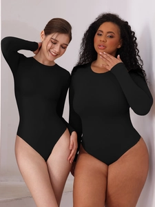 Detail view of slim fit black long sleeve bodysuit on two different body types