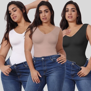 V-neck high elasticity slimming bodysuits for women shown in white, beige, and black