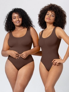 Detail of a brown sleeveless bodysuit showing flexible fabric and inclusive fit on models