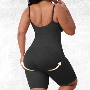 Back view of black seamless bodysuit shapewear with U-cut back and lifting effect