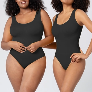 Black seamless bodysuit with wide shoulder straps and U-neckline on diverse models