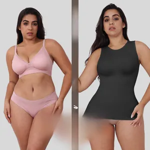 Detail of pink seamless lingerie set and black waist-slimming shaping bodysuit