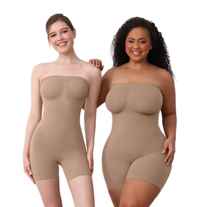 Seamless strapless body shaping bodysuit for women in nude color on diverse models