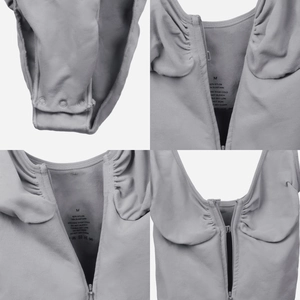 Detailansicht der Reißverschlüsse, Druckknöpfe und Etiketten des nahtlosen Bodysuits