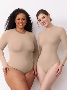 Detail view of slim-fit beige long sleeve bodysuit showing high elasticity on two models