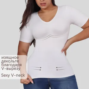Close-up of a white V-neck body shaper with seamless compression zones on the waist