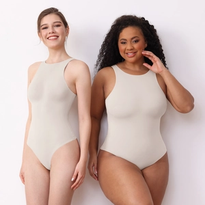 Detail view of double-layer light beige bodysuit with halter neck on two different models
