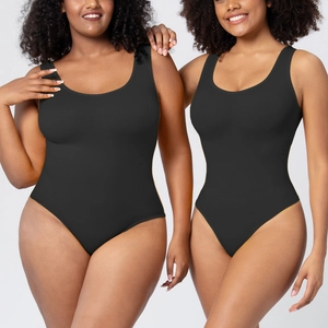 Detail of black slimming bodysuit showing stretch fit on standard and plus size models