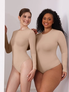 Detailed view of elastic nude long sleeve bodysuit with crew neck on diverse models