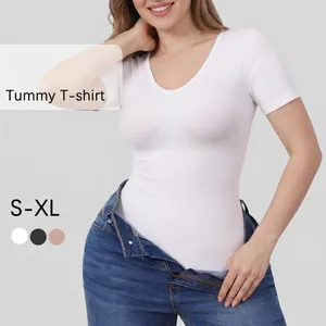 Women's V-neck tummy control shaper t-shirt in white, gray, and beige, sizes S-XL
