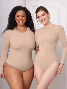 Close-up of nude long-sleeve bodysuit in high-elastic fabric on different body types