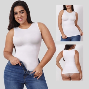 Detail of white seamless sleeveless bodysuit showing compression fabric and slim fit design