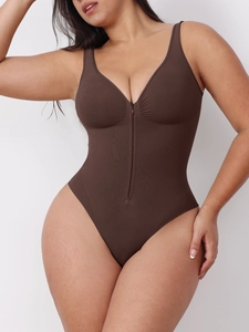 Detailansicht des dunkelbraunen Body Shapers mit Frontreißverschluss und V-Ausschnitt