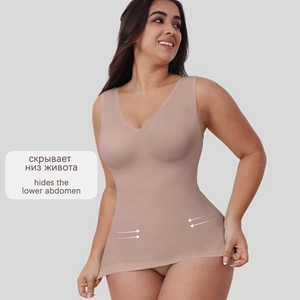 Detail of nude seamless V-neck shapewear vest showing compression zones for tummy control