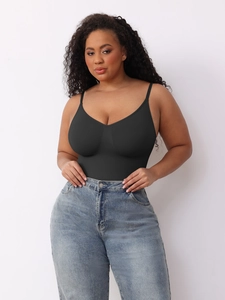 Detail of high-stretch seamless shapewear bodysuit with V-neck and thin straps