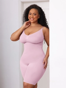 Close-up of seamless mauve body shaper with V-neckline and compression waist detail