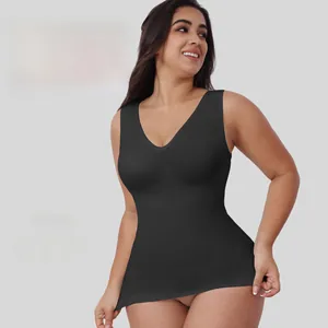 Detail of black V-neck shaping vest with wide straps and textured waist control fabric