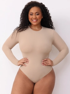 Detail of slim-fit beige long sleeve bodysuit with crew neck and high elastic fabric