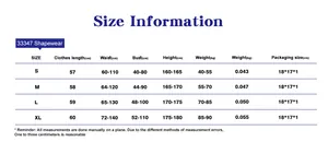 Detailed size chart for the shapewear showing S to XL measurements and weight guide