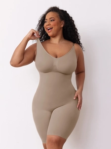 Detail of seamless nude shapewear bodysuit with V-neck and adjustable spaghetti straps