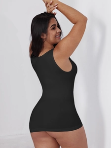 Detailed back view of a black high-elasticity bodysuit showing firm tummy control and fit